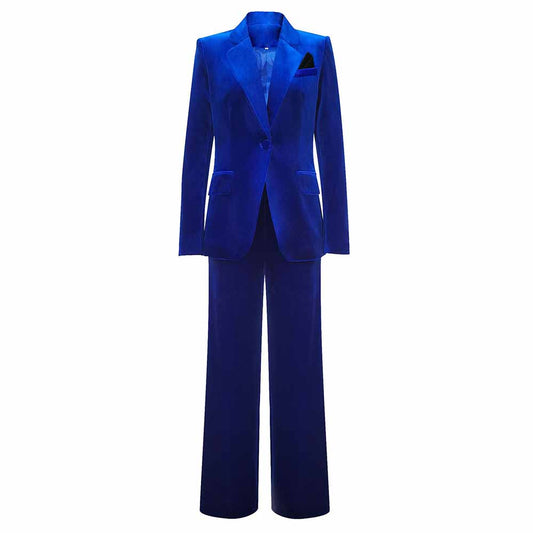 Royal Blue Velvet Pantsuit for Women | 2-Piece Wide-Leg Blazer Set
