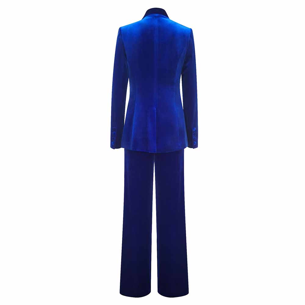 Royal Blue Velvet Pantsuit for Women | 2-Piece Wide-Leg Blazer Set