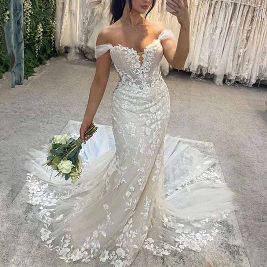 Off Shoulder Lace Mermaid Wedding Dresses Bridal Gown with Train