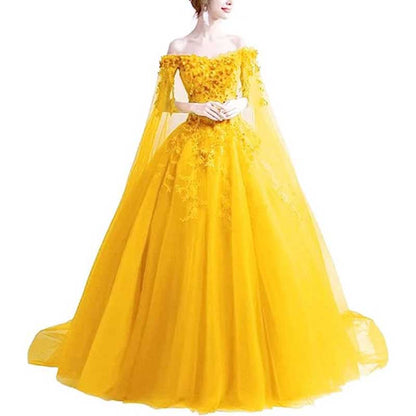 Off Shoulder Floral Lace Prom Wedding Ball Gown with Cape