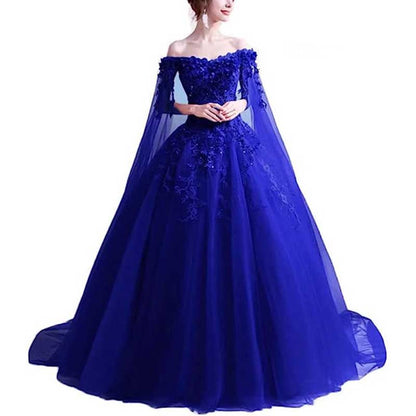 Off Shoulder Floral Lace Prom Wedding Ball Gown with Cape