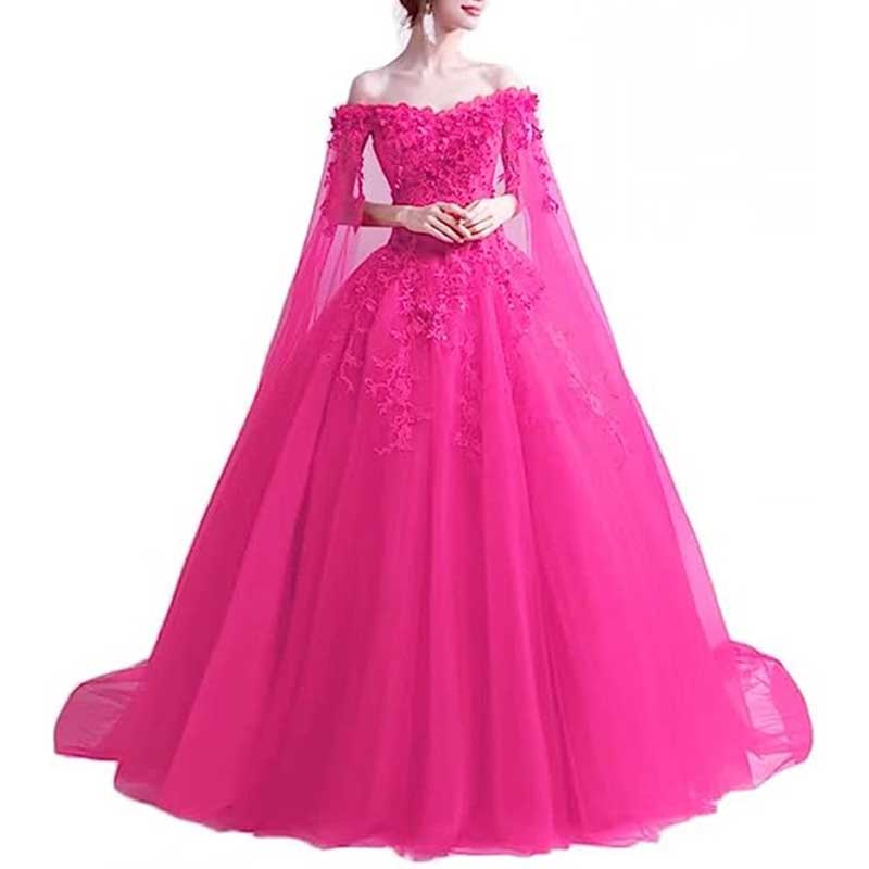 Off Shoulder Floral Lace Prom Wedding Ball Gown with Cape