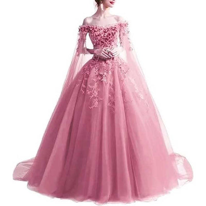 Off Shoulder Floral Lace Prom Wedding Ball Gown with Cape