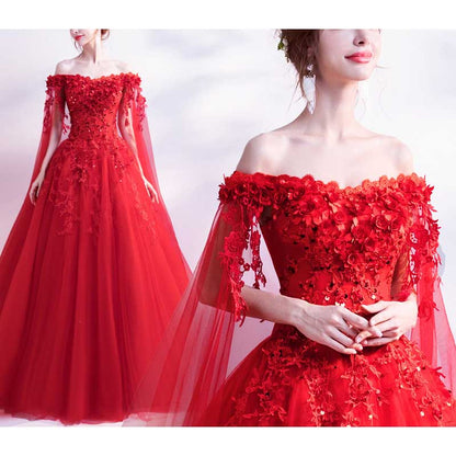 Off Shoulder Floral Lace Prom Wedding Ball Gown with Cape