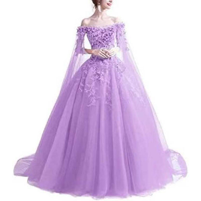 Off Shoulder Floral Lace Prom Wedding Ball Gown with Cape
