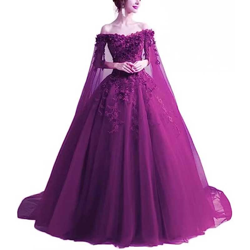Off Shoulder Floral Lace Prom Wedding Ball Gown with Cape
