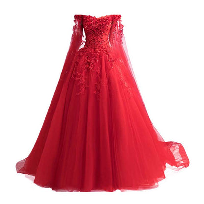 Off Shoulder Floral Lace Prom Wedding Ball Gown with Cape