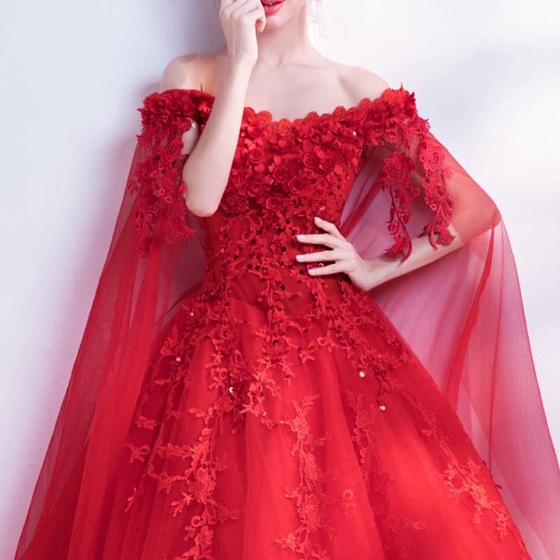 Off Shoulder Floral Lace Prom Wedding Ball Gown with Cape