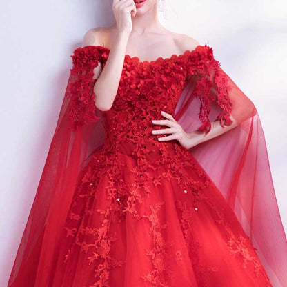 Off Shoulder Floral Lace Prom Wedding Ball Gown with Cape