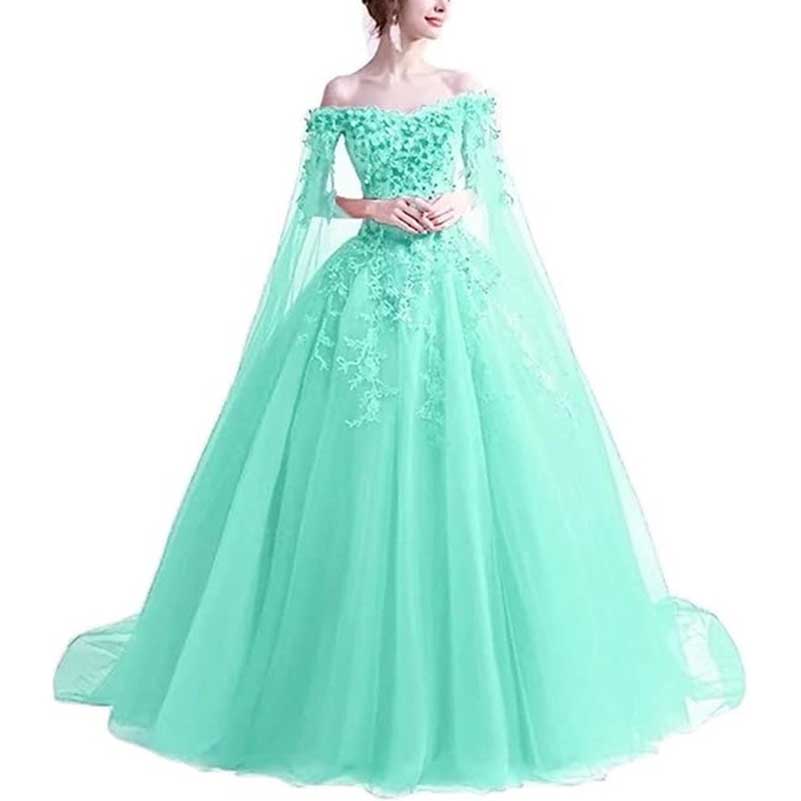 Off Shoulder Floral Lace Prom Wedding Ball Gown with Cape
