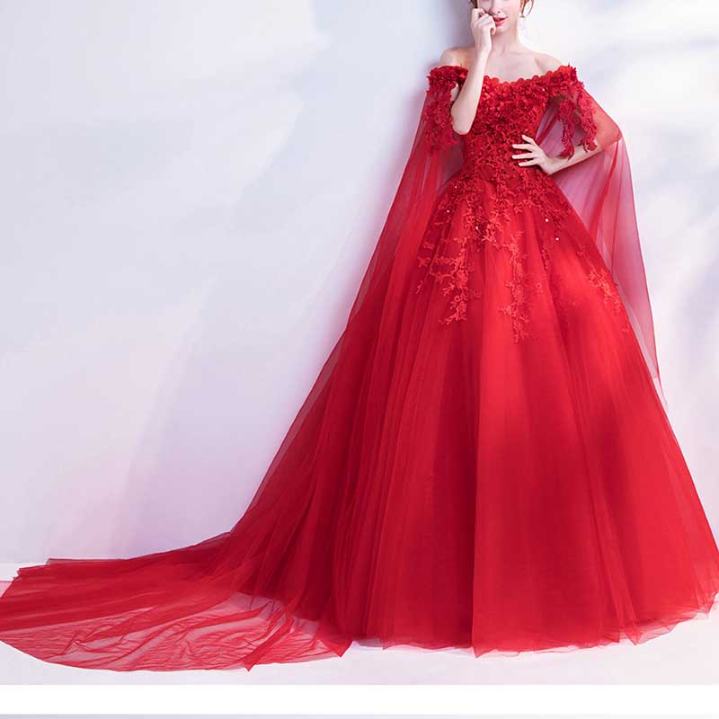 Off Shoulder Floral Lace Prom Wedding Ball Gown with Cape