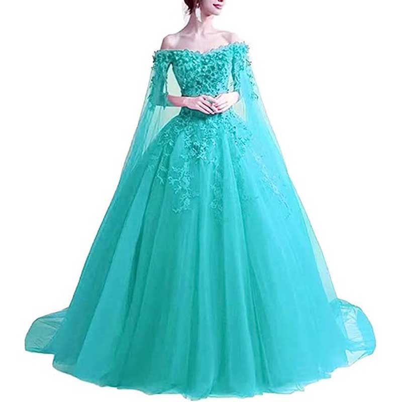 Off Shoulder Floral Lace Prom Wedding Ball Gown with Cape