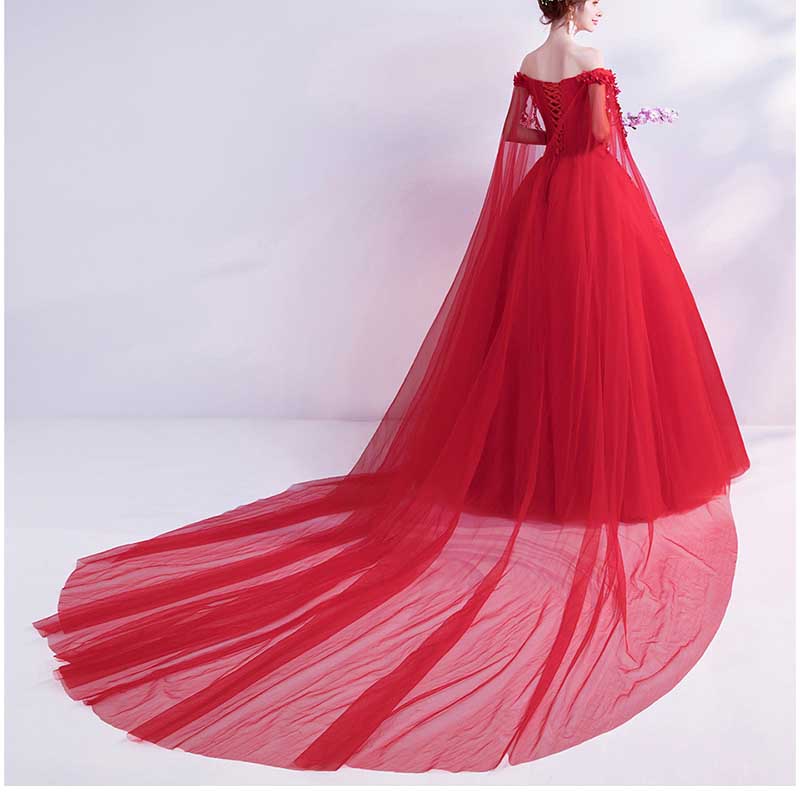 Off Shoulder Floral Lace Prom Wedding Ball Gown with Cape