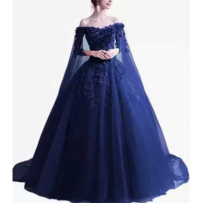 Off Shoulder Floral Lace Prom Wedding Ball Gown with Cape