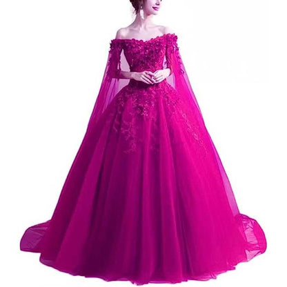 Off Shoulder Floral Lace Prom Wedding Ball Gown with Cape