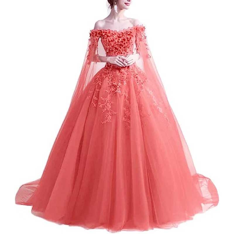 Off Shoulder Floral Lace Prom Wedding Ball Gown with Cape