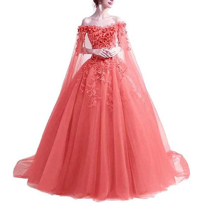 Off Shoulder Floral Lace Prom Wedding Ball Gown with Cape