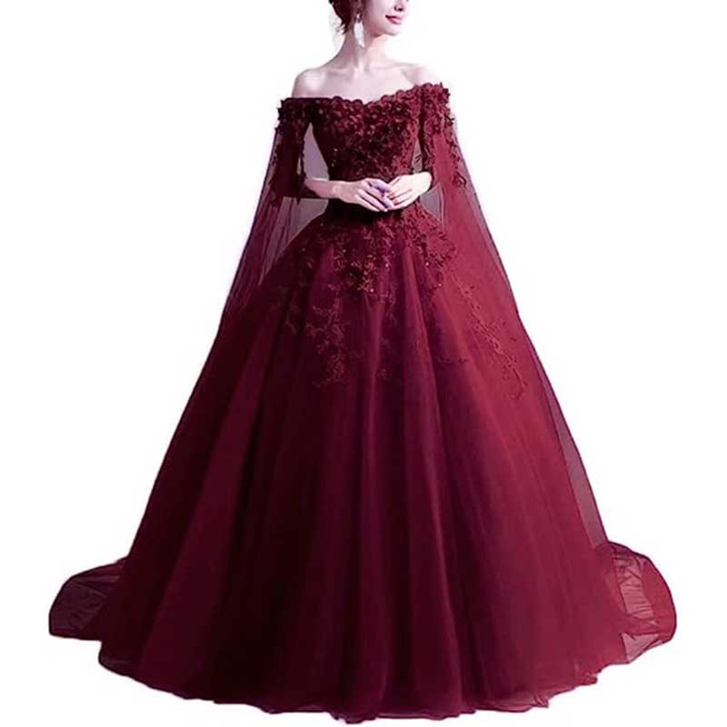 Off Shoulder Floral Lace Prom Wedding Ball Gown with Cape