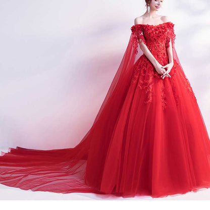Off Shoulder Floral Lace Prom Wedding Ball Gown with Cape
