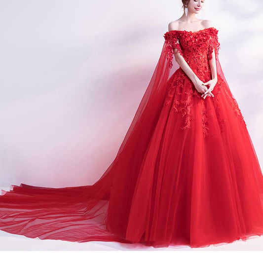 Off Shoulder Floral Lace Prom Wedding Ball Gown with Cape