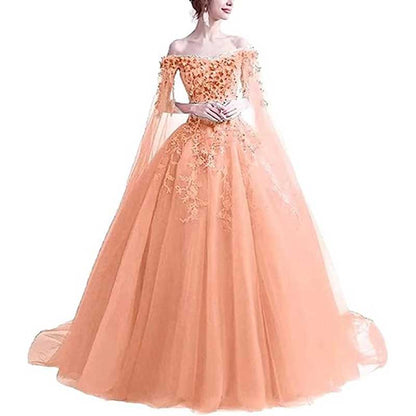 Off Shoulder Floral Lace Prom Wedding Ball Gown with Cape