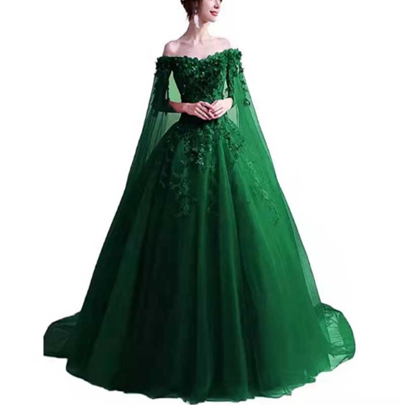 Off Shoulder Floral Lace Prom Wedding Ball Gown with Cape