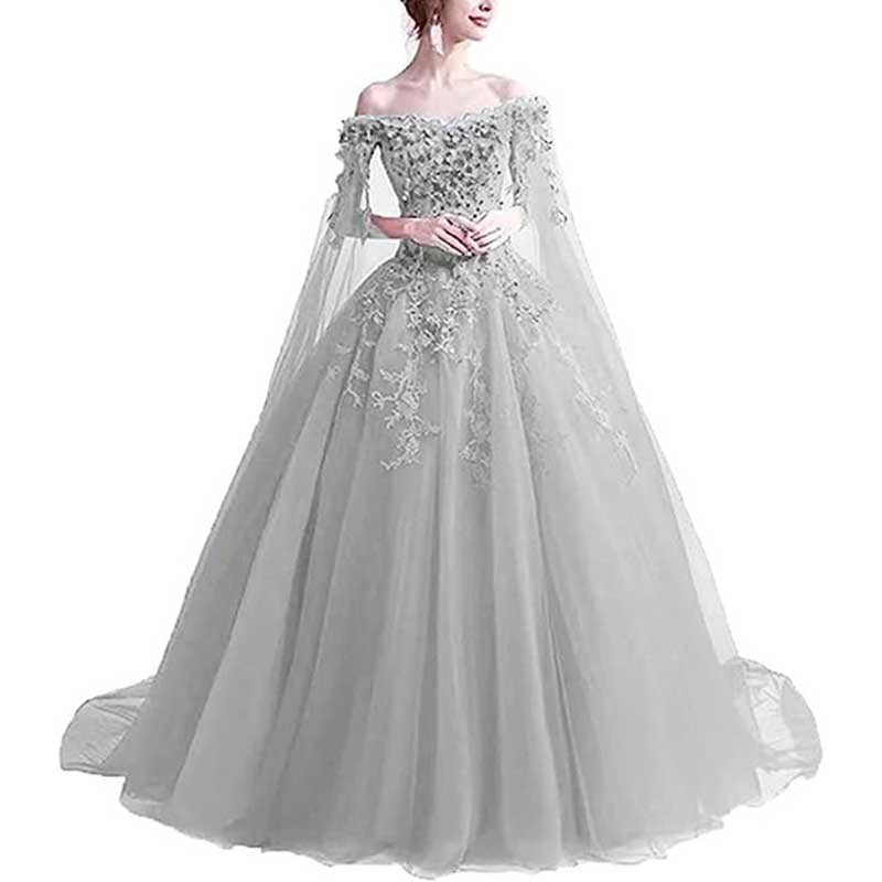 Off Shoulder Floral Lace Prom Wedding Ball Gown with Cape