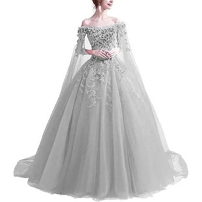 Off Shoulder Floral Lace Prom Wedding Ball Gown with Cape