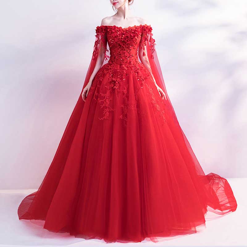 Off Shoulder Floral Lace Prom Wedding Ball Gown with Cape