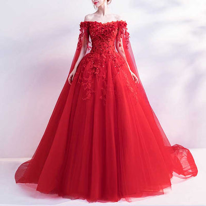 Off Shoulder Floral Lace Prom Wedding Ball Gown with Cape