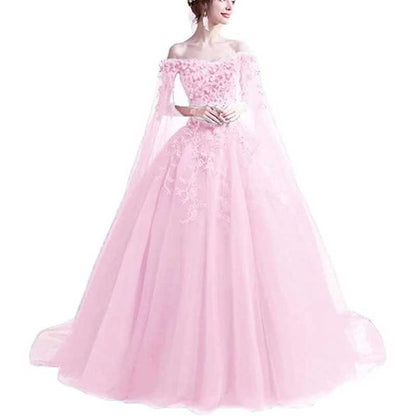 Off Shoulder Floral Lace Prom Wedding Ball Gown with Cape