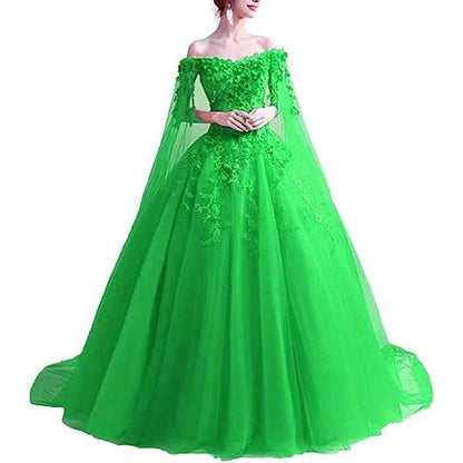 Off Shoulder Floral Lace Prom Wedding Ball Gown with Cape
