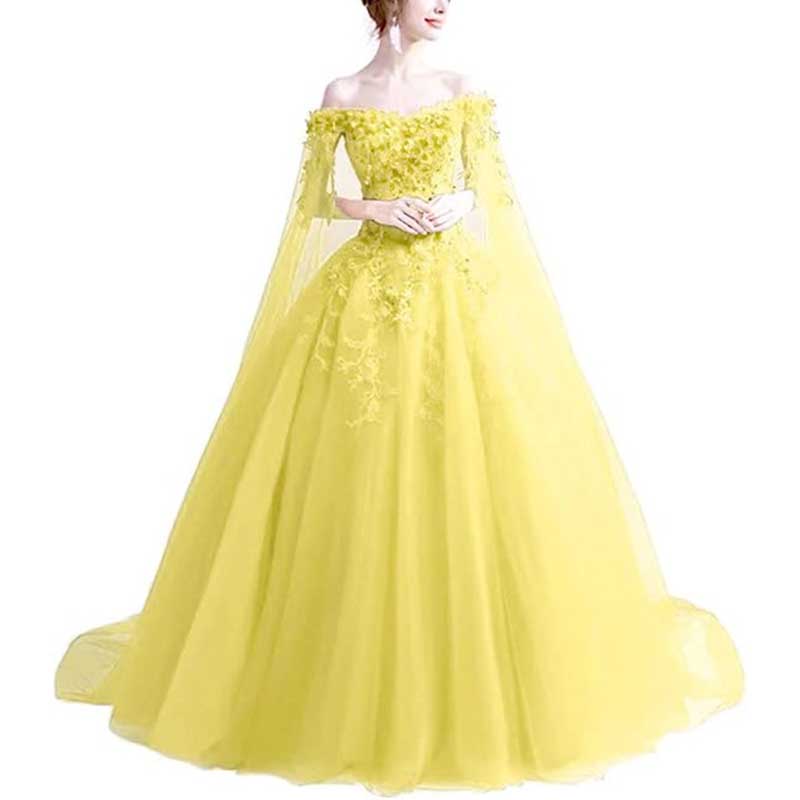 Off Shoulder Floral Lace Prom Wedding Ball Gown with Cape