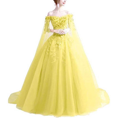 Off Shoulder Floral Lace Prom Wedding Ball Gown with Cape