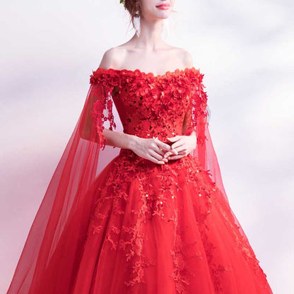 Off Shoulder Floral Lace Prom Wedding Ball Gown with Cape