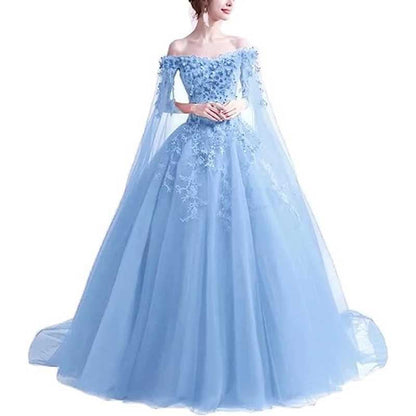 Off Shoulder Floral Lace Prom Wedding Ball Gown with Cape