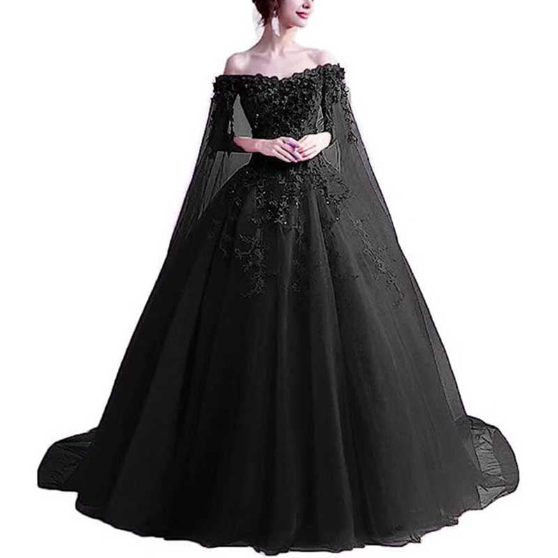 Off Shoulder Floral Lace Prom Wedding Ball Gown with Cape