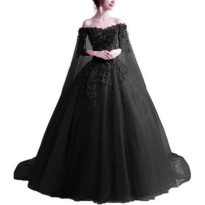 Off Shoulder Floral Lace Prom Wedding Ball Gown with Cape