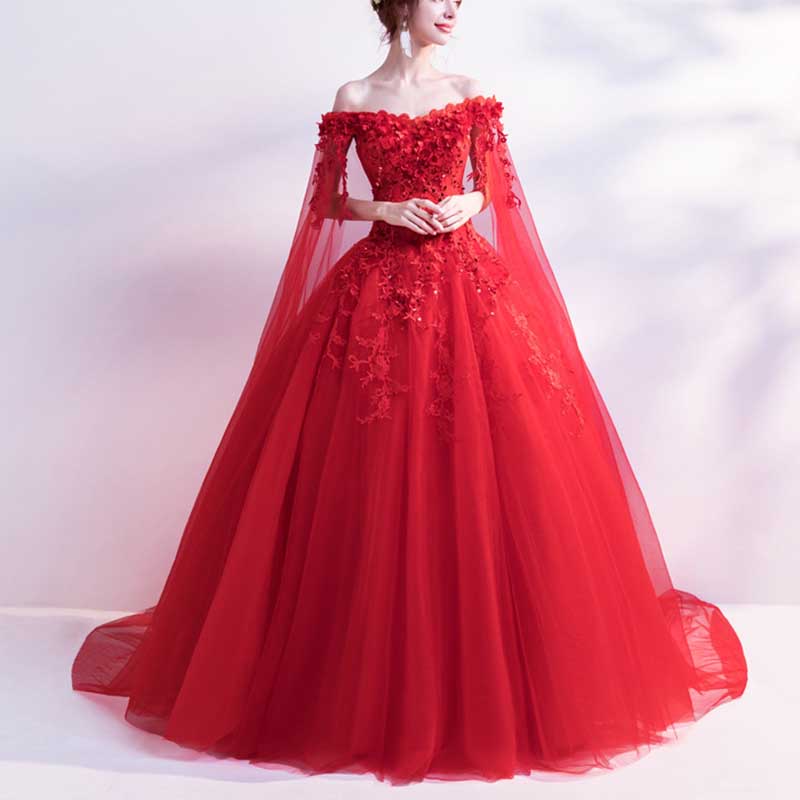 Off Shoulder Floral Lace Prom Wedding Ball Gown with Cape