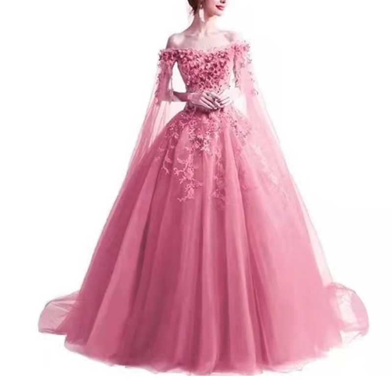 Off Shoulder Floral Lace Prom Wedding Ball Gown with Cape
