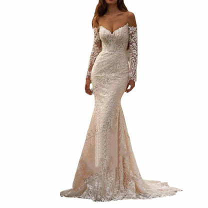Off Shoulder Long Sleeve Lace Mermaid Wedding Dress Bridal Gown