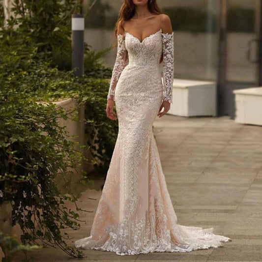 Off Shoulder Long Sleeve Lace Mermaid Wedding Dress Bridal Gown