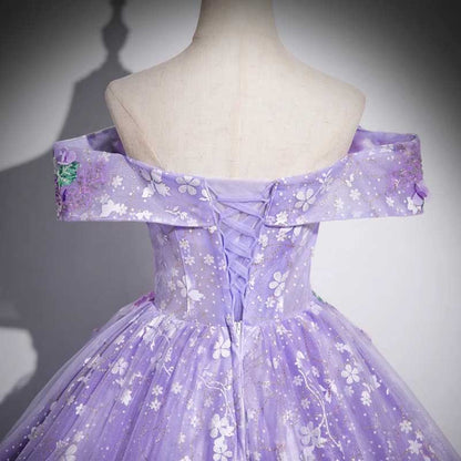 Purple Tulle Lace Sweetheart Party Ball Dress Long Prom Dress