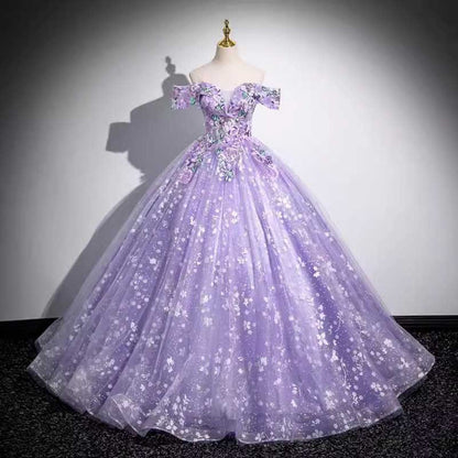 Purple Tulle Lace Sweetheart Party Ball Dress Long Prom Dress