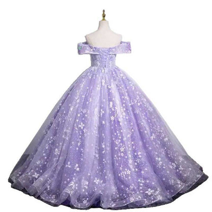 Purple Tulle Lace Sweetheart Party Ball Dress Long Prom Dress