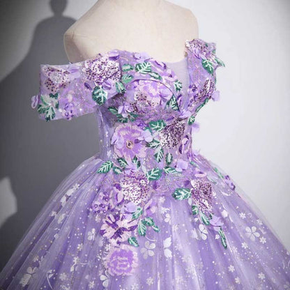 Purple Tulle Lace Sweetheart Party Ball Dress Long Prom Dress