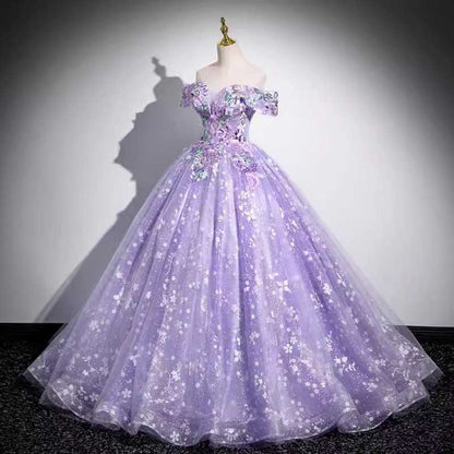 Purple Tulle Lace Sweetheart Party Ball Dress Long Prom Dress