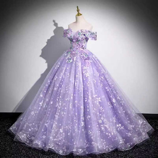 Purple Tulle Lace Sweetheart Party Ball Dress Long Prom Dress