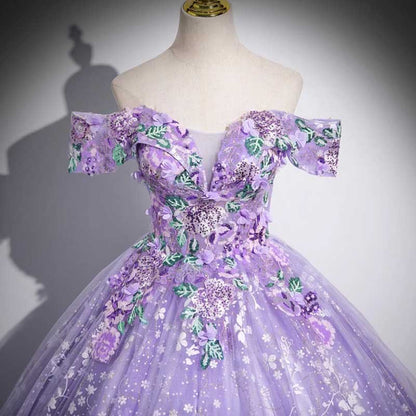 Purple Tulle Lace Sweetheart Party Ball Dress Long Prom Dress