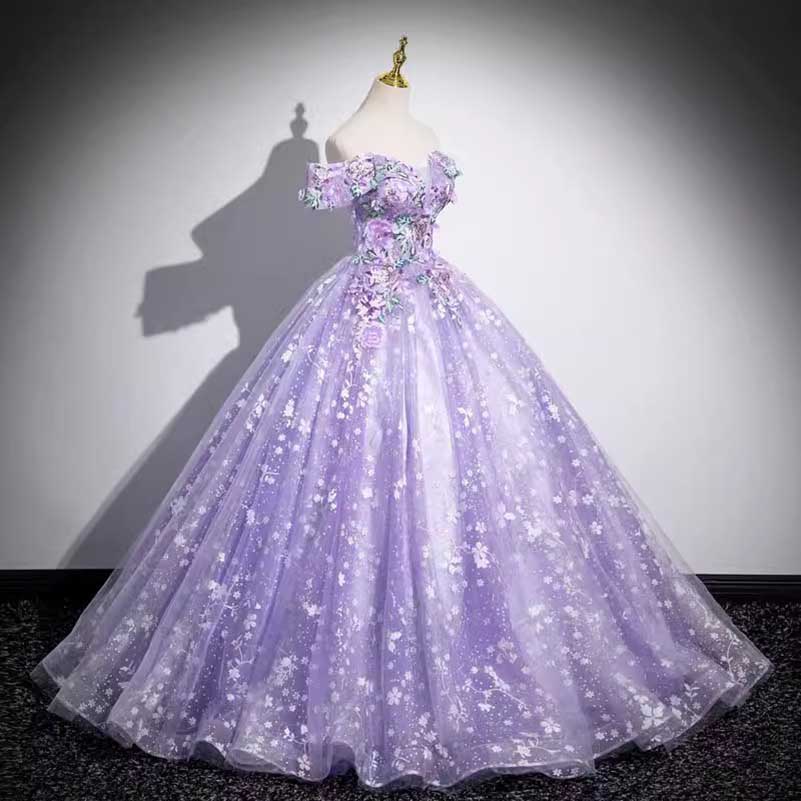 Purple Tulle Lace Sweetheart Party Ball Dress Long Prom Dress